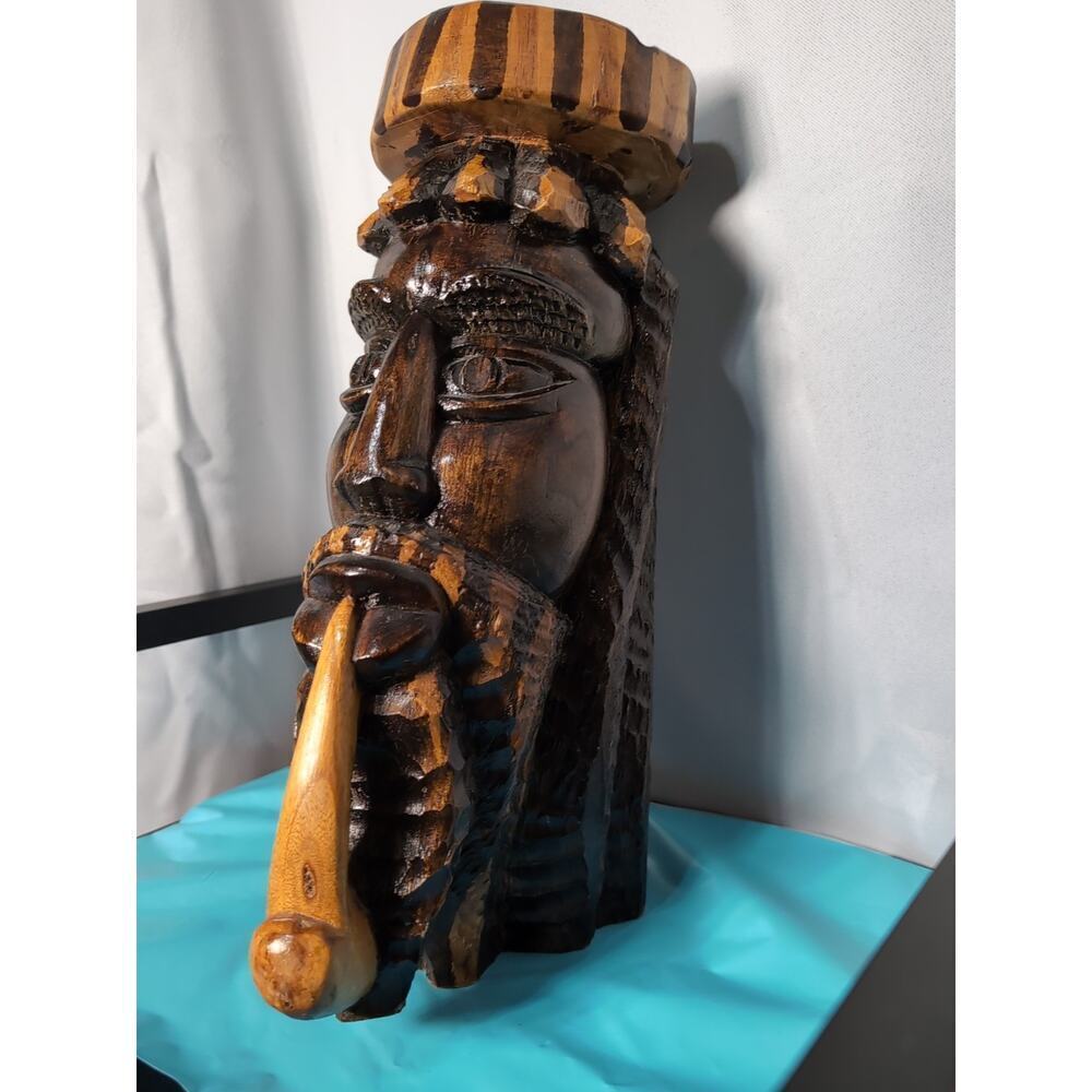 Hand Carved Wooden Head Sculpture Jamaican Folk Art Tribal 2002 Dated Ashtray - Picture 2 of 7